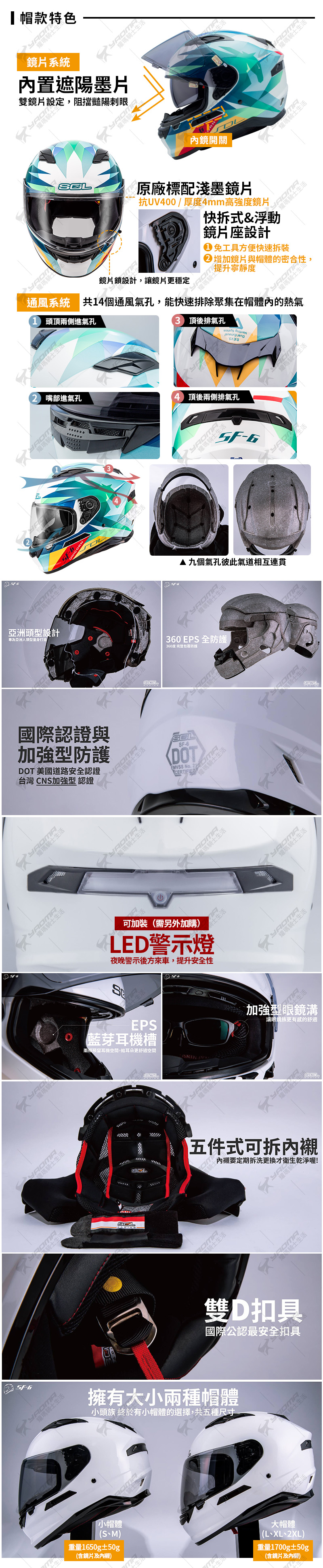 好禮加購SOL安全帽SF-6 獨角獸白綠內墨鏡內鏡雙D扣內襯可拆LED燈SF6 全罩式耀瑪台南|